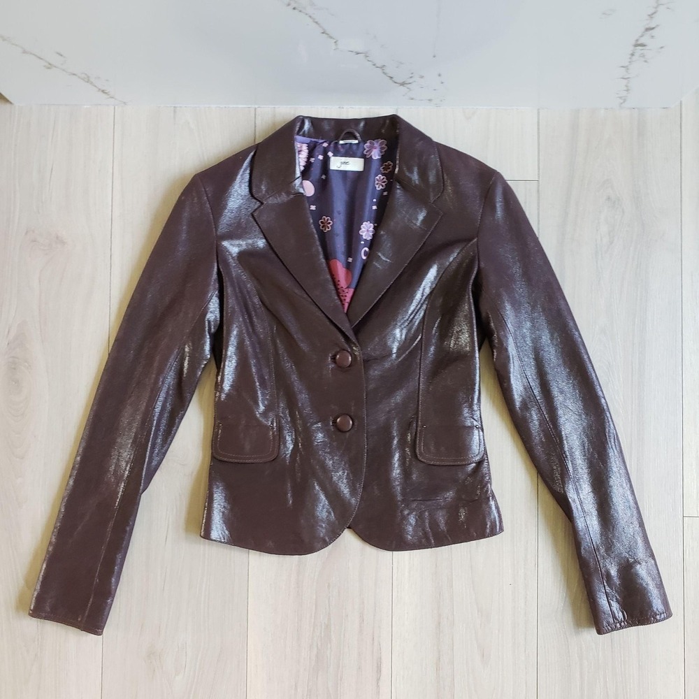 June Leather Jacket Womens Small Brown Floral Lining Button Front Moto Blazer